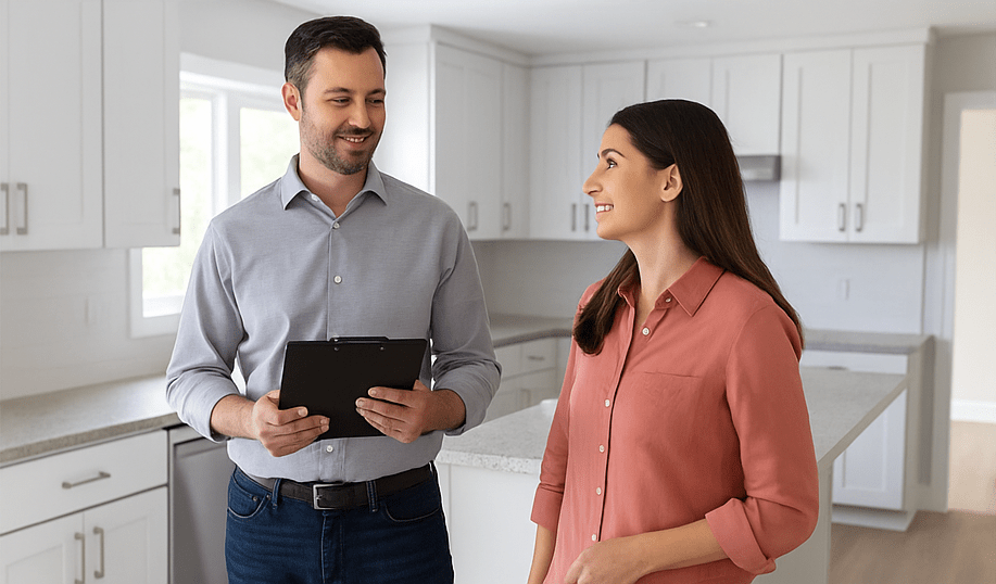 Finished living room with warm light and brick fireplace